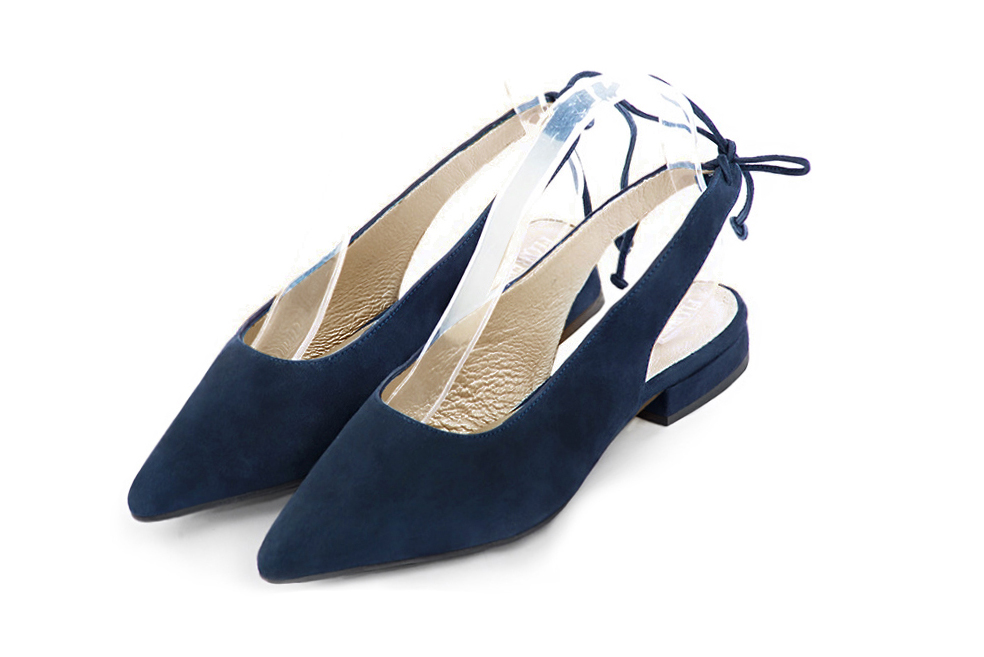 Women's navy blue elegant slingback heels. Pointed toe. Flat flare heels - Front view